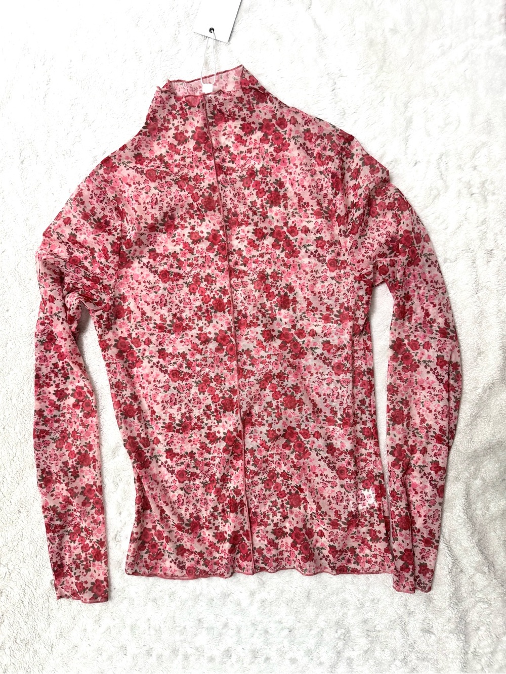 NWT- Annie Wear Floral Lettuce Hem Sheer Mesh Top - Picture 5 of 11